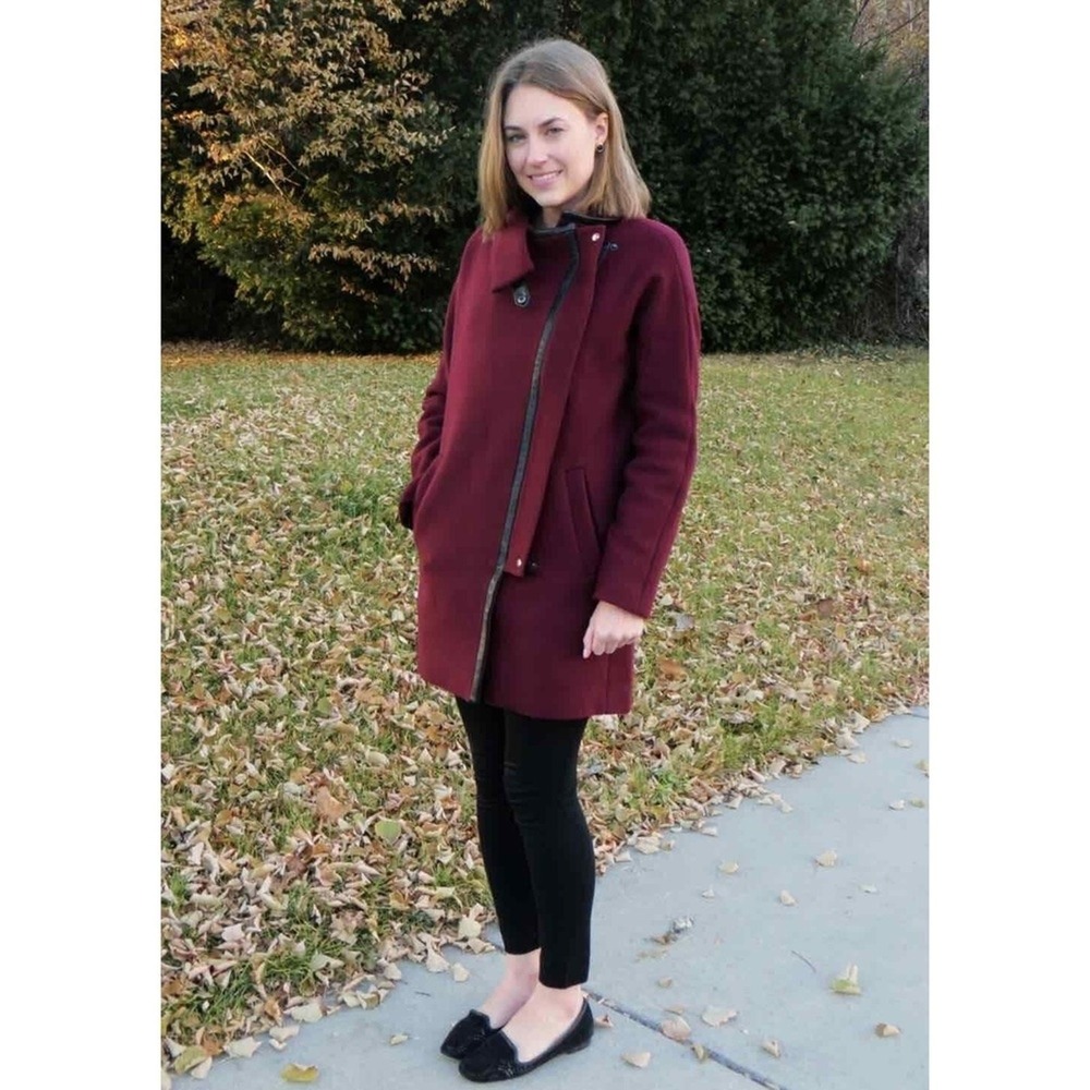 Madewell Coat Womens 2 Burgundy Zipper Closure Button Detail Coat Wool Blend